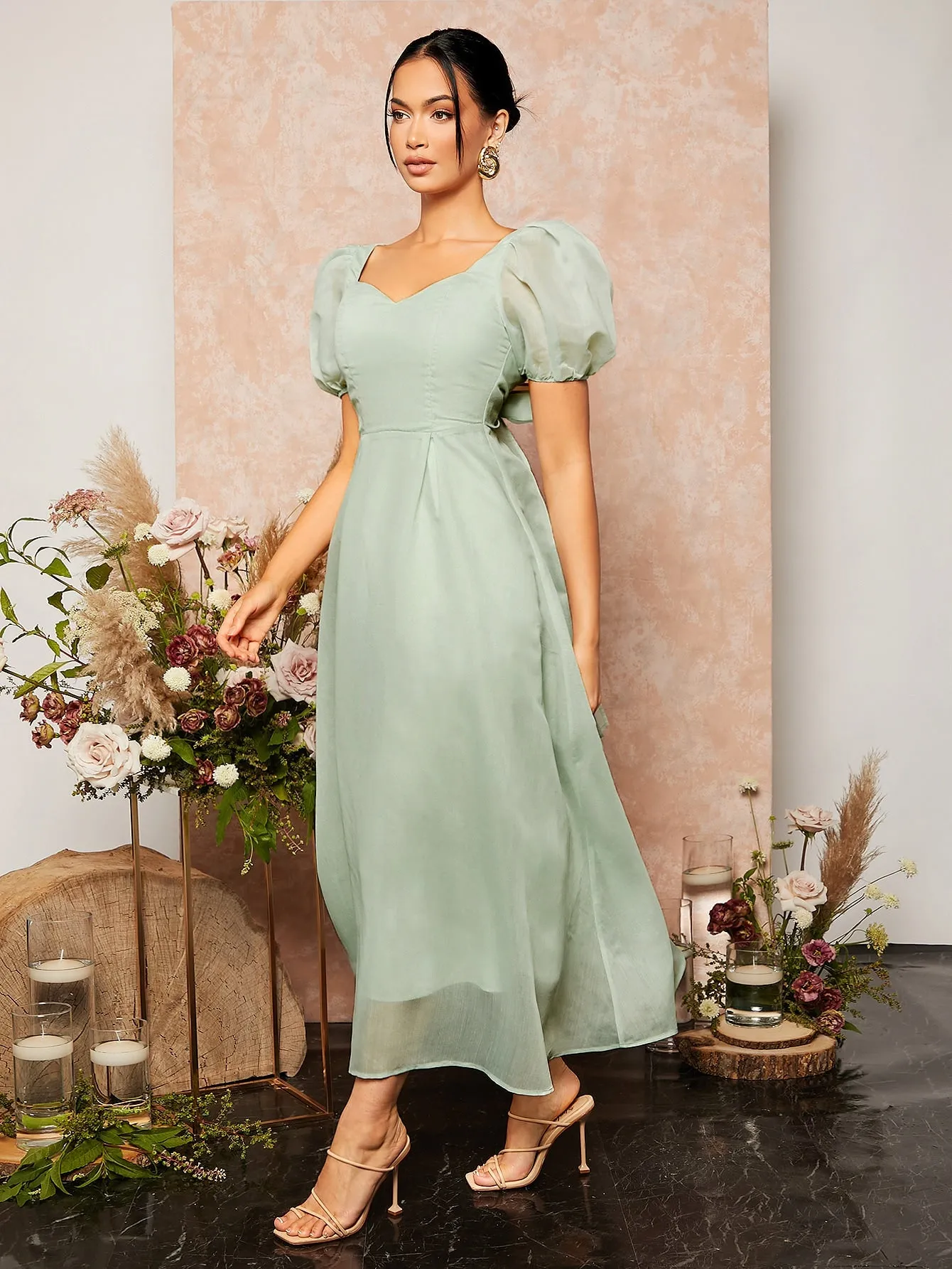 Tie Backless Sweetheart Neck Puff Sleeve Mesh Bridesmaid Dress