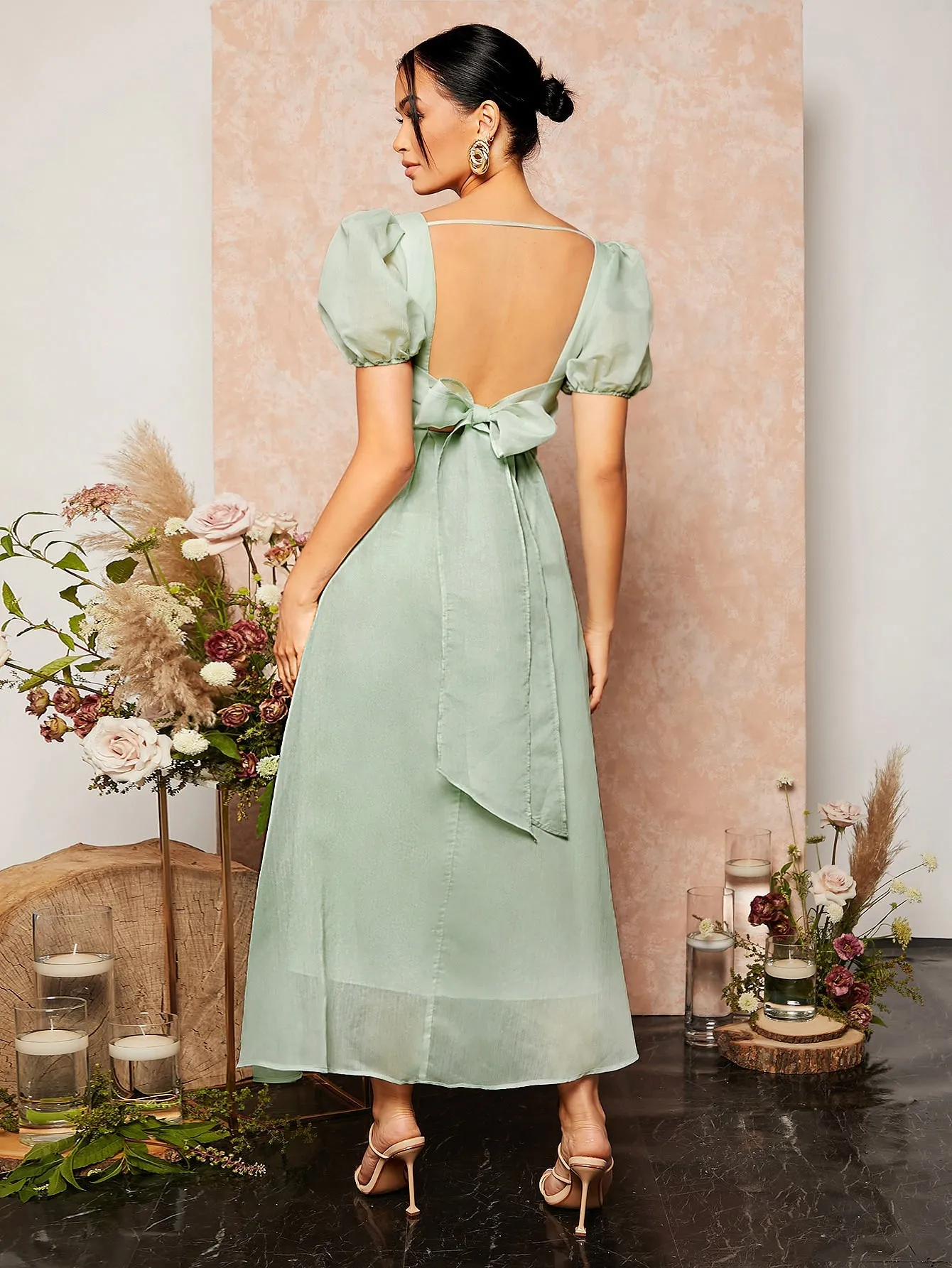 Tie Backless Sweetheart Neck Puff Sleeve Mesh Bridesmaid Dress