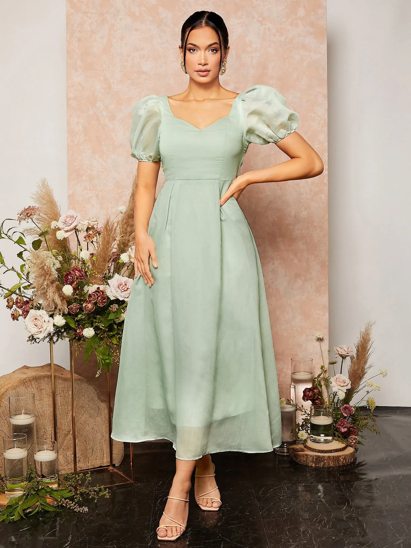 Tie Backless Sweetheart Neck Puff Sleeve Mesh Bridesmaid Dress