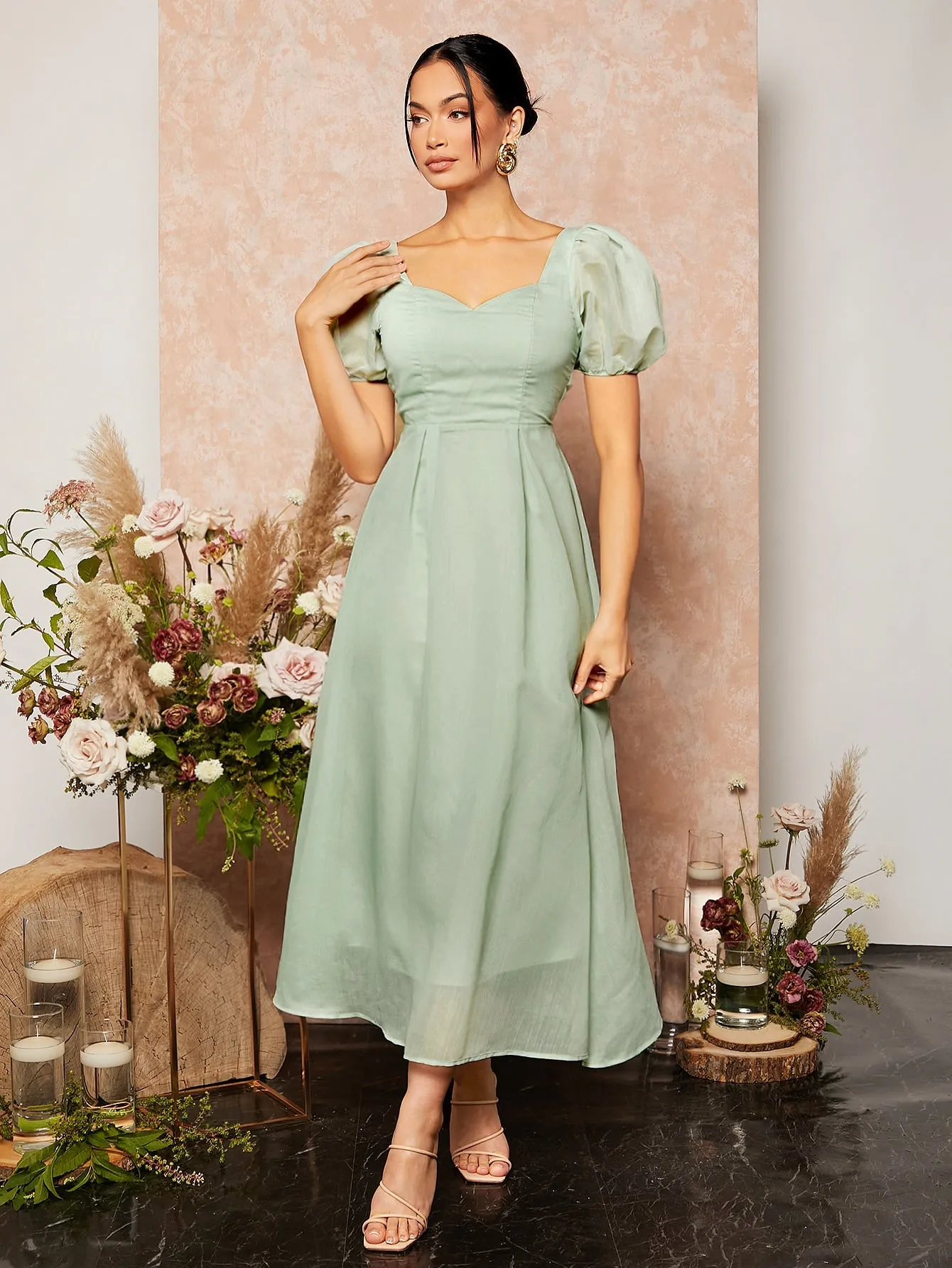 Tie Backless Sweetheart Neck Puff Sleeve Mesh Bridesmaid Dress