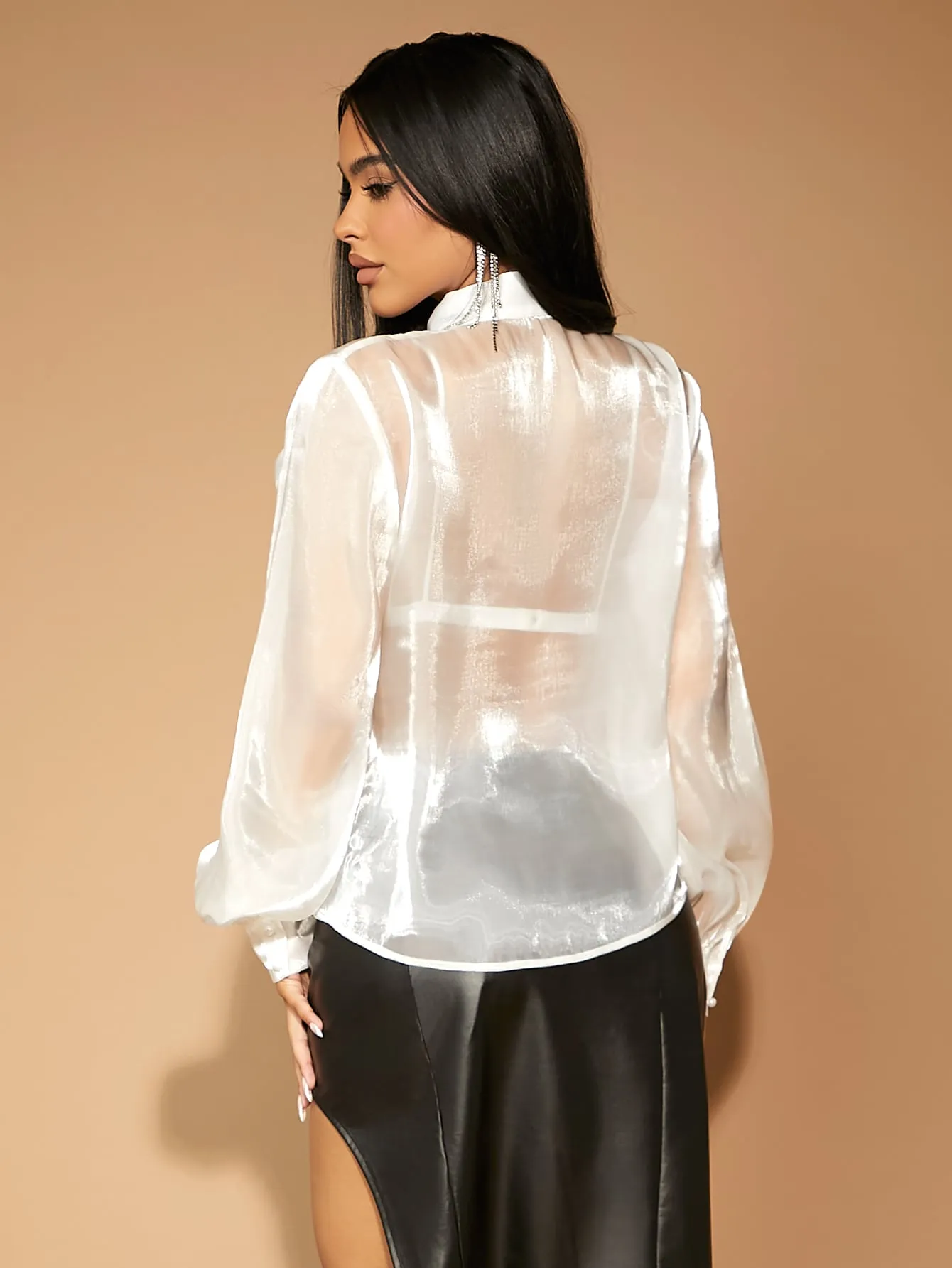 Tie Neck Lantern Sleeve Organza Blouse Without Bra