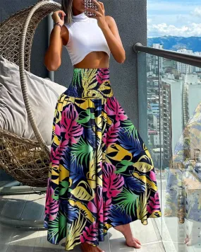 Tropical Leaf Print Shirred Wide Leg Pants