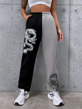 Two Tone Chinese Dragon Print Sweatpants