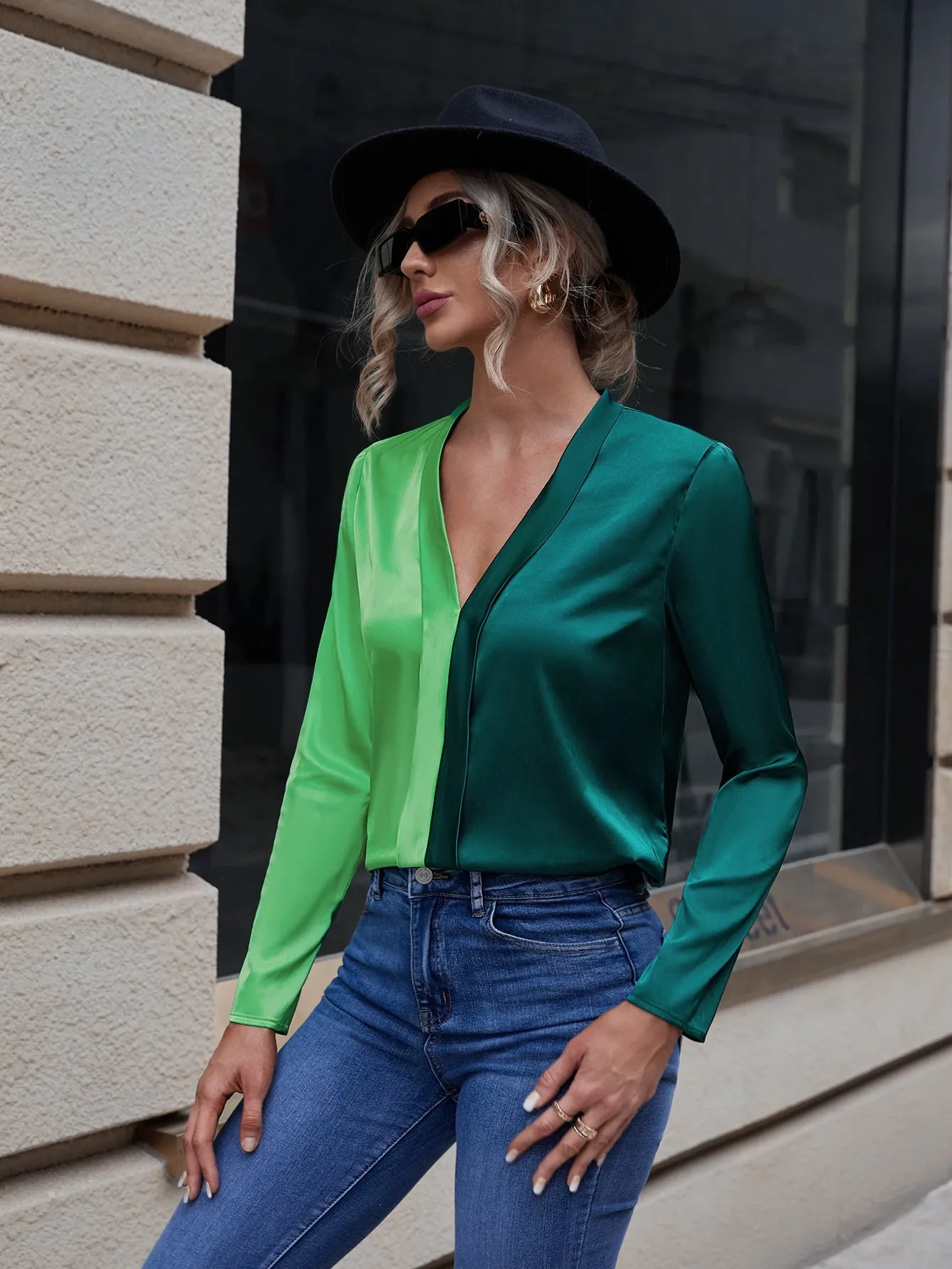 Two Tone V Neck Blouse