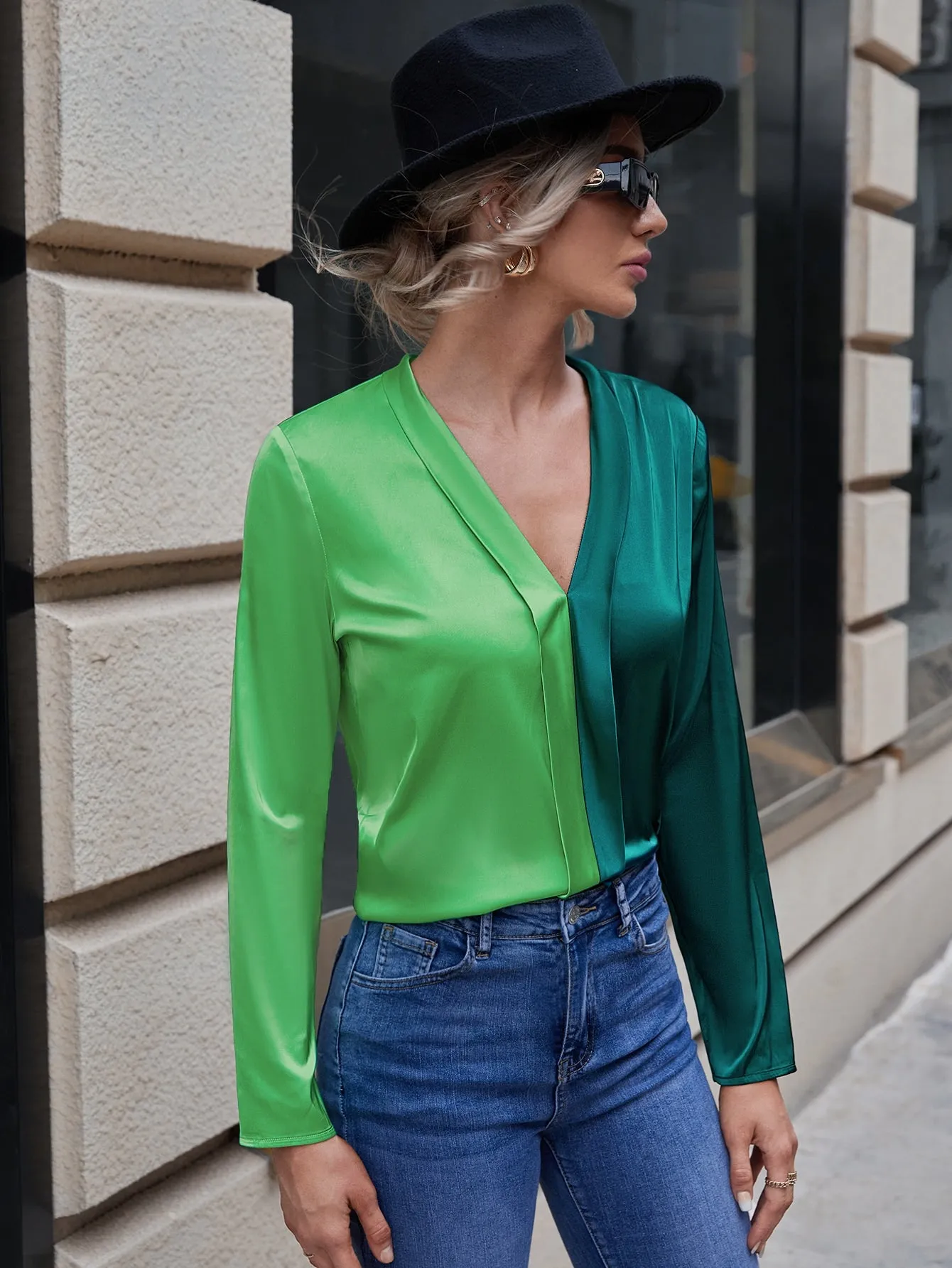 Two Tone V Neck Blouse