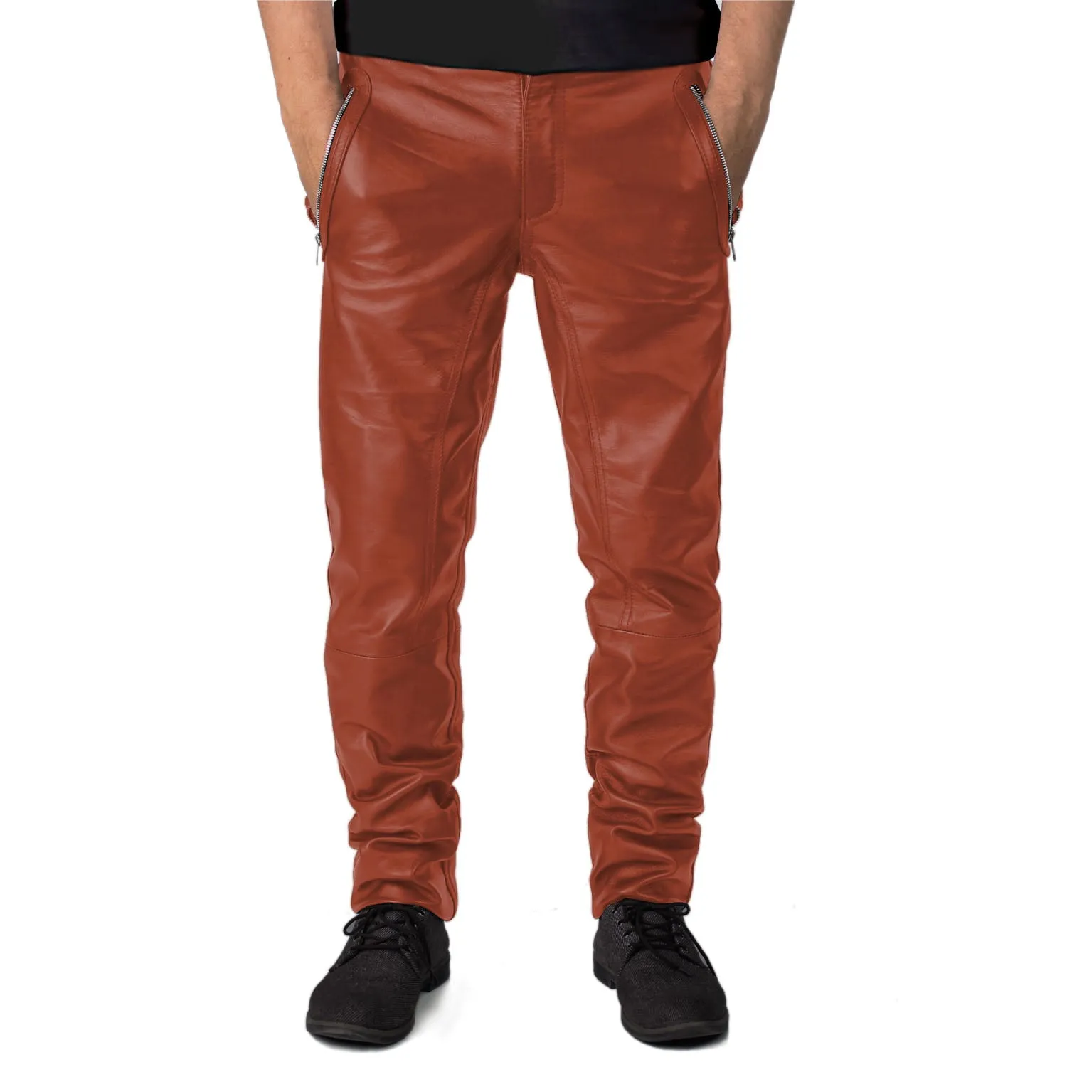 Veyron Men's Tan Slim Fit Leather Pants