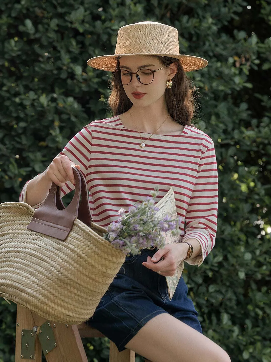 Violet Round Neck Striped Cotton T-shirt