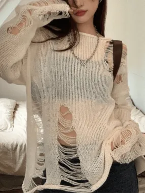 White Long Sleeve Distressed Knit Top