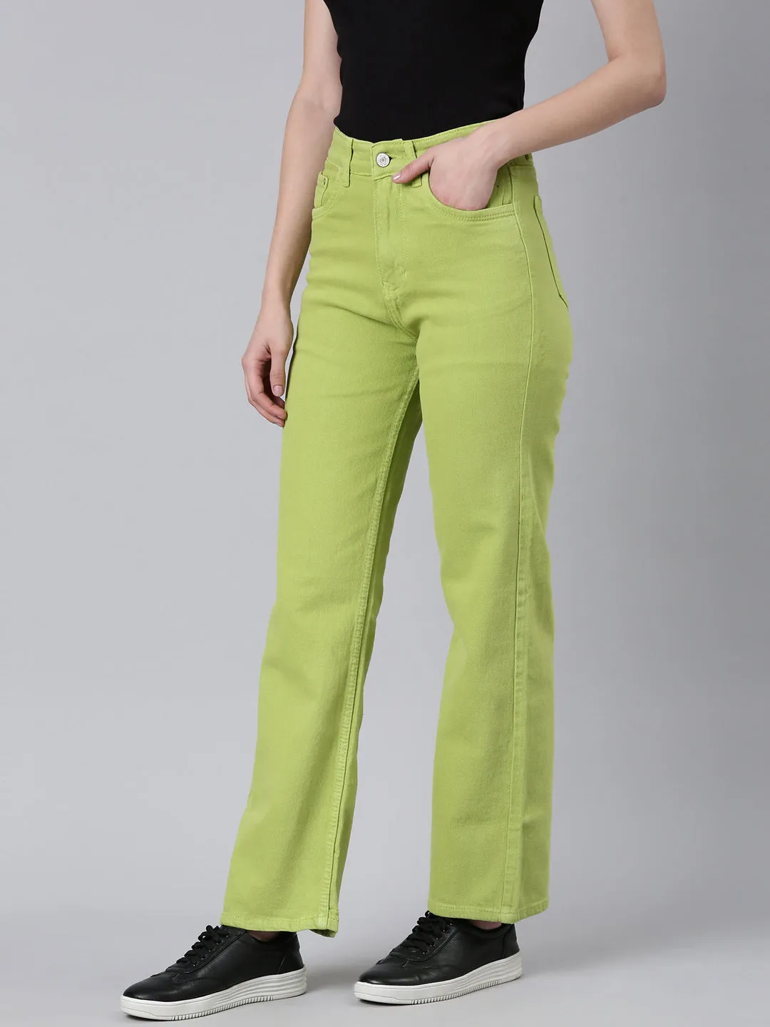 Women Lime Green Solid Straight Fit Denim Jeans