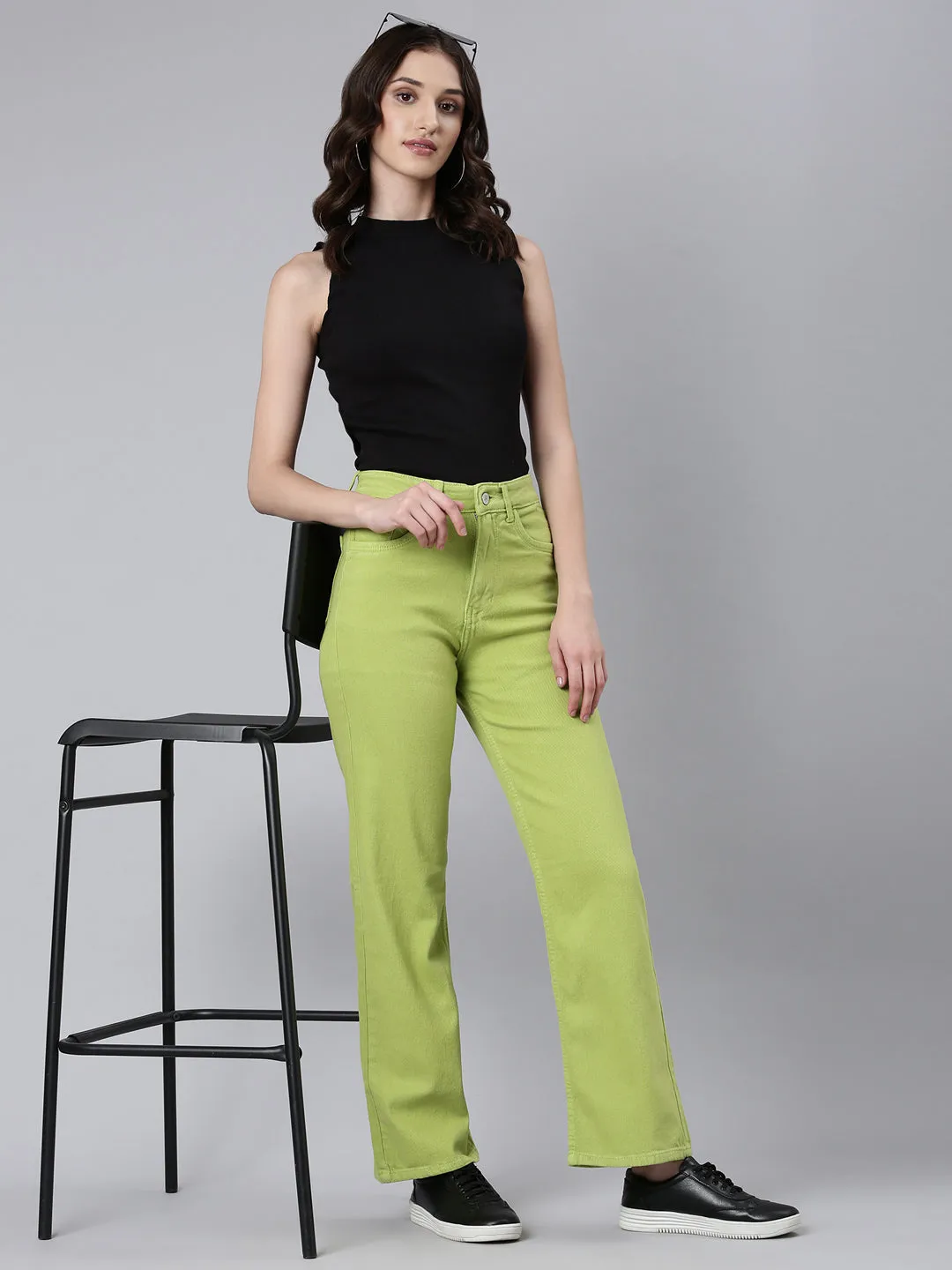 Women Lime Green Solid Straight Fit Denim Jeans