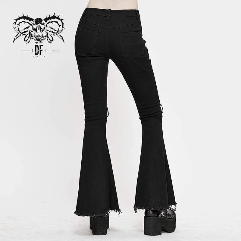 Women's Grunge Strappy Ripped  Flare Pants With Rivets