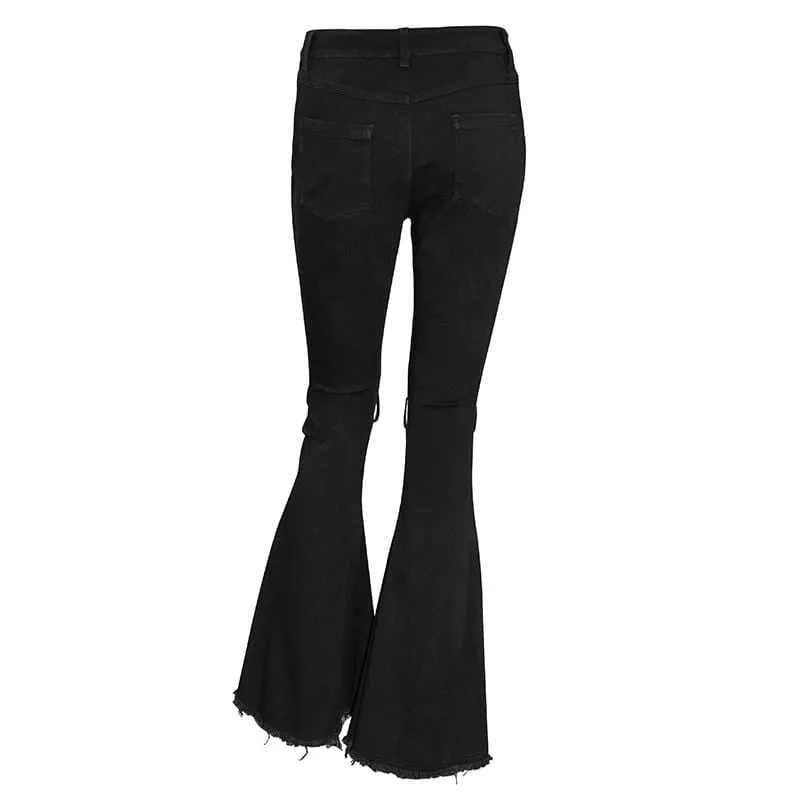 Women's Grunge Strappy Ripped  Flare Pants With Rivets