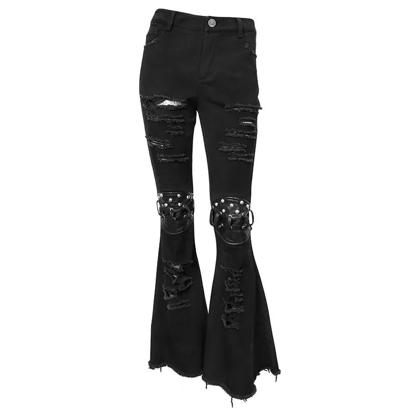 Women's Grunge Strappy Ripped  Flare Pants With Rivets