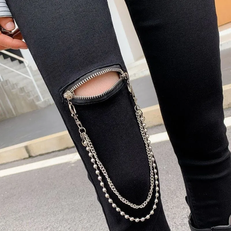 Women's Punk Ripped High-waisted Pencil Pants with Chain