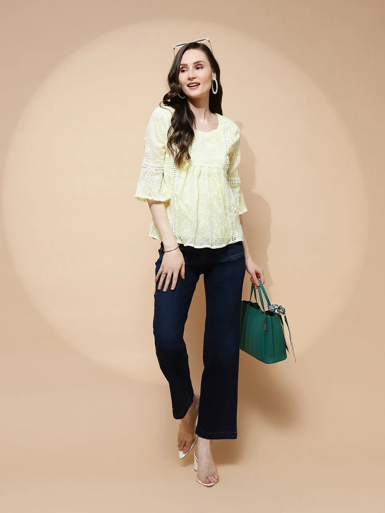 Yellow Polyester Blend Regular Fit Blouse For Women